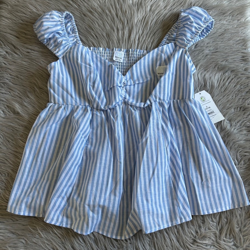 Time And Tru Maternity Short Sleeve Babydoll Shirt Women Size Large Blue Stripes